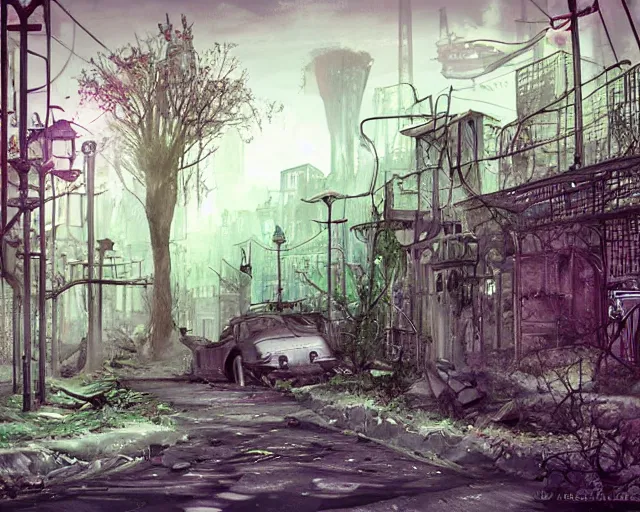 Image similar to the abandoned streets of the overgrown city in the style of decopunk/crystalpunk