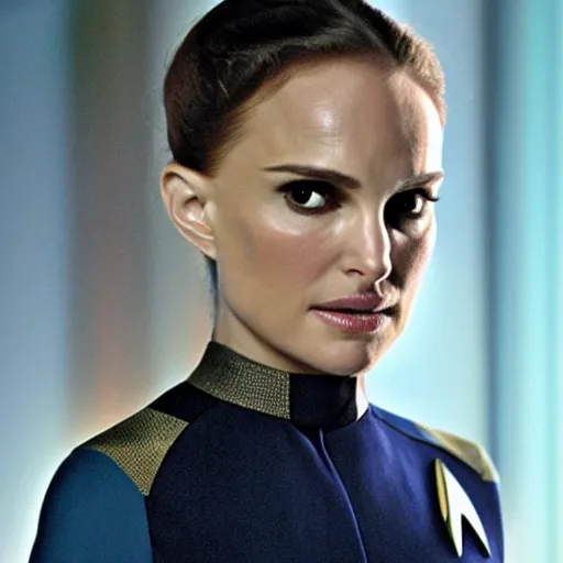 Image similar to Natalie Portman in Star Trek, 3/4 view, (EOS 5DS R, ISO100, f/8, 1/125, 84mm, postprocessed, crisp face, facial features)