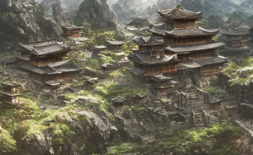 Image similar to highly detailed environment concept art of old, ruined, japanese village from sengoku period, surrounded by dense rock formations, high in mountains, cinematic lighting, photobash, raytracing, volumetric lighting