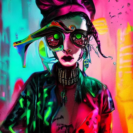 Image similar to splashes of neon, punk portrait made out of paint, trending on artstation, epic composition, emotional, beautiful, rendered in octane, highly detailed, realistic, tim burton comic book art