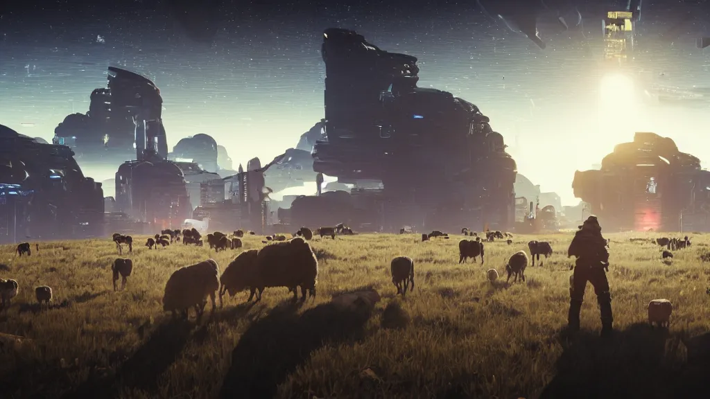 Prompt: Cyberpunk cowboys herding sheep in a No Man's Sky landscape