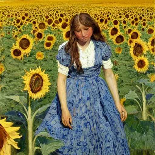 Prompt: a girl in amazing tall sunflower field, her hair flowing down, subtle, intricate details, real masterpiece, oil on canvas, by stanhope forbes, lucian freud