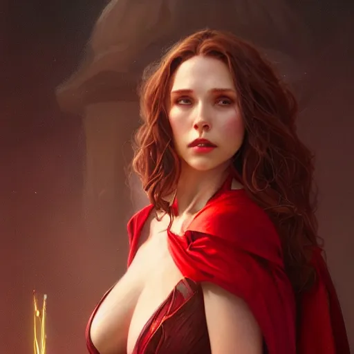 Image similar to Ashley Greeneas Scarlet Witch, western, D&D, fantasy, intricate, elegant, highly detailed, digital painting, artstation, concept art, matte, sharp focus, illustration, art by Artgerm and Greg Rutkowski and Alphonse Mucha