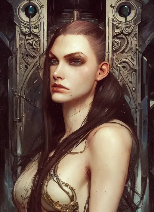 Prompt: portrait of beautiful pale gothic maiden, warhammer 40000, cyberpunk, intricate, elegant, highly detailed, digital painting, artstation, concept art, smooth, sharp focus, illustration, art by artgerm and greg rutkowski and alphonse mucha