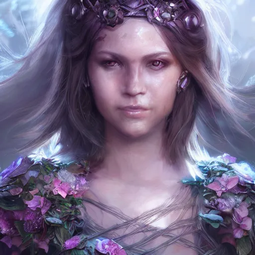 Prompt: character concept art, portrait of fantasy female warrior, beautiful facem shining eyes, crystals, covered in plants, realistic oil painting, dramatic, cinematic light, trending on artstation, highly detailed