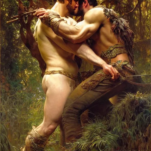 Image similar to attractive henry cavill as withcer and attractive joey batey as jaskier hauting wild creature in the wood highly detailed painting by gaston bussiere, craig mullins, j. c. leyendecker, alphonse mucha 8 k