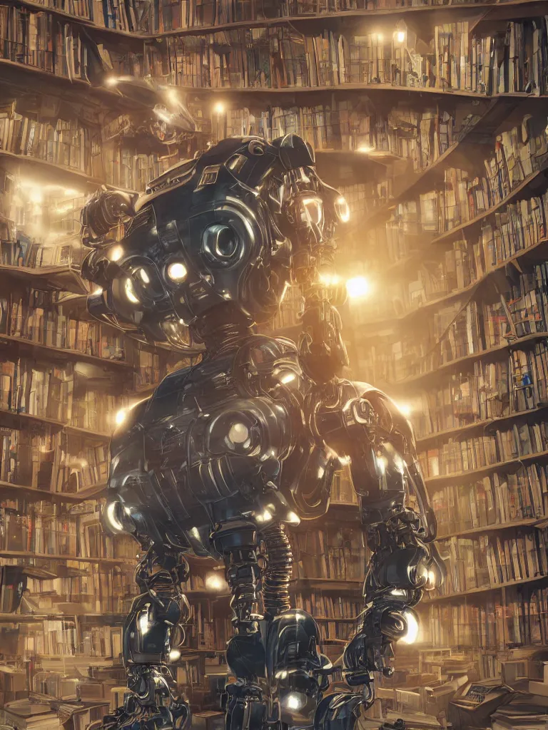 Prompt: a hyper real comic book style portait painting of a mechanical robot in a library surounded by books, unreal 5, hyperrealistic, octane render, RPG portrait, dynamic lighting