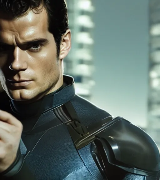 Image similar to A still of Henry Cavill as Mr. Fantastic from Fantastic Four, cinematic, sigma male, rule of thirds, perfect symmetry, highly detailed features, cinematic, studio lighting, by Ryan Meinerding