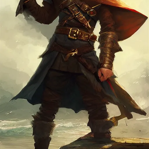 Prompt: heroic handsome charming ginger rogue with long slender pointed ears, wearing a tricorne pirate captain hat, naval background, detailed full-body portrait, stunning award-winning art by Greg Rutkowski
