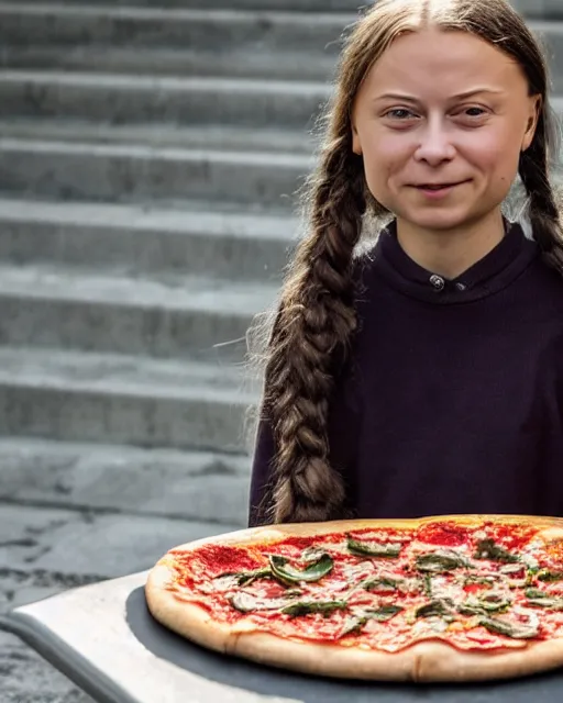 Image similar to film still close - up shot of greta thunberg giving a speech in a train station eating pizza, smiling, the sun is shining. photographic, photography