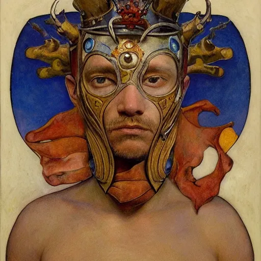 Image similar to the masked prince wearing the bone crown, by Annie Swynnerton and Diego Rivera and Elihu Vedder, symbolist, dramatic lighting, elaborate geometric ornament, tattoos, Art Brut, soft cool colors,smooth, sharp focus, extremely detailed, Adolf Wölfli and Donato Giancola