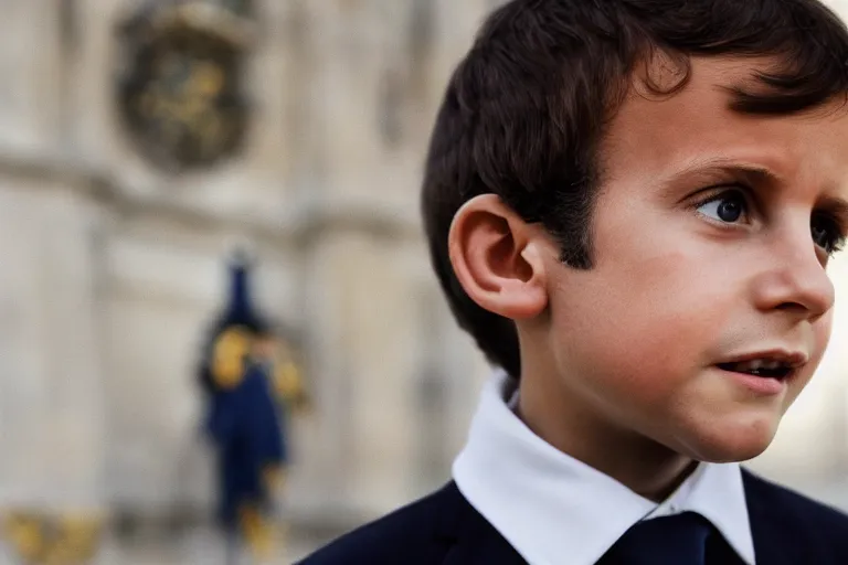 Image similar to closeup portrait of a tiny emmanuel macron dressed as napoleon standing on a desk, paris background, macro photo, bokeh, natural light, sharp, detailed face, magazine, press, steve mccurry, david lazar, canon, nikon, focus