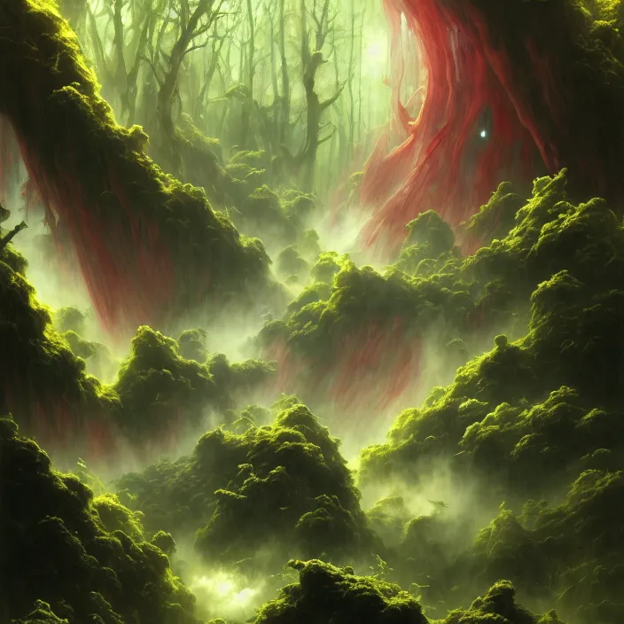 Image similar to Albedo from Overlord, Mayer Re-l, Japan Lush Forest, official anime key media, close up of Iwakura Lain, LSD Dream Emulator, paranoiascape ps1, official anime key media, painting by Vladimir Volegov, beksinski and dan mumford, giygas, technological rings, johfra bosschart, Leviathan awakening from Japan in a Radially Symmetric Alien Megastructure turbulent bismuth glitchart, Atmospheric Cinematic Environmental & Architectural Design Concept Art by Tom Bagshaw Jana Schirmer Jared Exposure to Cyannic Energy, Darksouls Concept art by Finnian Macmanus