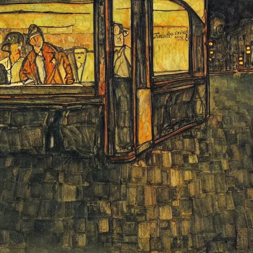 Prompt: a some people waiting in a lone bus stop in quiet dark city night, high quality, high resolution,detailed, by egon schiele 1960s