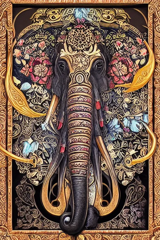 Image similar to Painted dark-wood panel relief carving of a close up of a Flowerpunk Matriarch Elephant, ornate border frame, explosion of colorful flowers, dark wood, intricately carved, black ink, festival of rich colors, intricate details, cinematic lighting, volumetric lighting, post-processing, art nouveau, tarot, fractal art, mandala, by andreas rocha and john howe, and Martin Johnson Heade, featured on artstation, featured on behance, golden ratio, hyper detailed, photorealistic, epic composition, center spotlight, f32, well composed, symmetrical, UE5, 8k