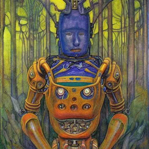 Image similar to robot seizes the forest crown, by Annie Swynnerton and Diego Rivera and Elihu Vedder, symbolist, dramatic lighting, elaborate geometric ornament, tattoos, Art Brut, soft cool colors,smooth, sharp focus, extremely detailed, Adolf Wölfli