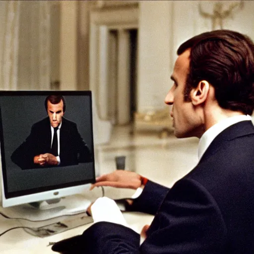 Image similar to Emmanuel Macron computering in American Psycho (1999)