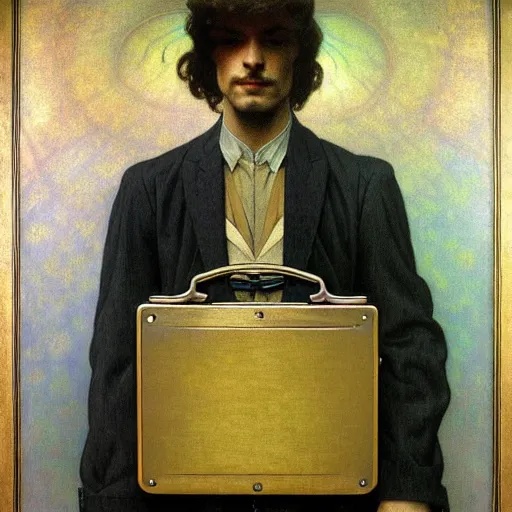 Image similar to realistic extremely detailed portrait painting of. an average. man with his. briefcase .in his. left hand . by Jean Delville, Amano, Yves Tanguy, Alphonse Mucha, Ernst Haeckel, Edward Robert Hughes, Roger Dean, pale muted pastel moody colors, gold eyes