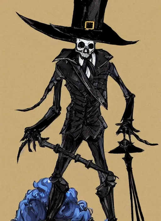 Image similar to DND character art, skeletal male figure, wearing a deep black suit!!! and tie and top hat, holding a gold! cane!. blue!!! flames!!