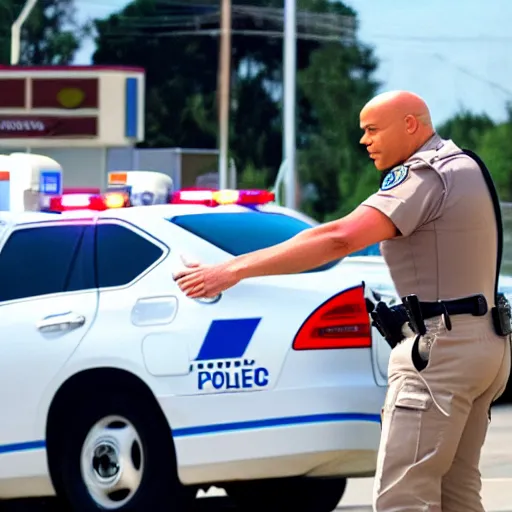 Prompt: Mr. Clean getting arrested by the police at a gas station