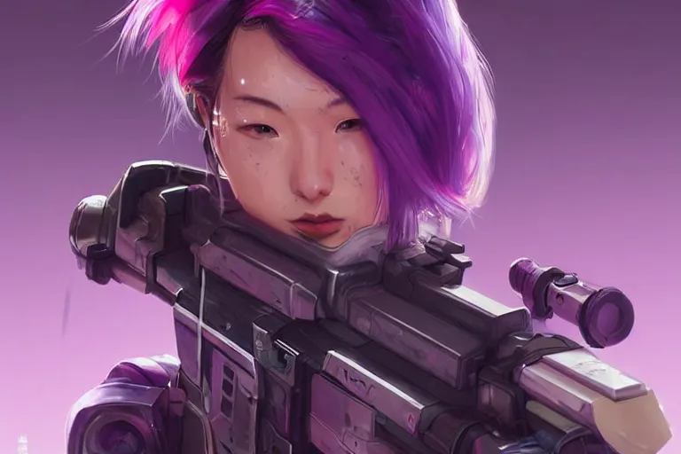 Image similar to young female japanese sniper holding a railgun sniper rifle, short purple haircut, neon, cyberpunk, futuristic, full cybernetic combat suit, stunning, highly detailed, digital painting, smooth, soft focus, illustration, ghost in the shell, 4 k digital art from artstation by artgerm and greg rutkowski and wlop