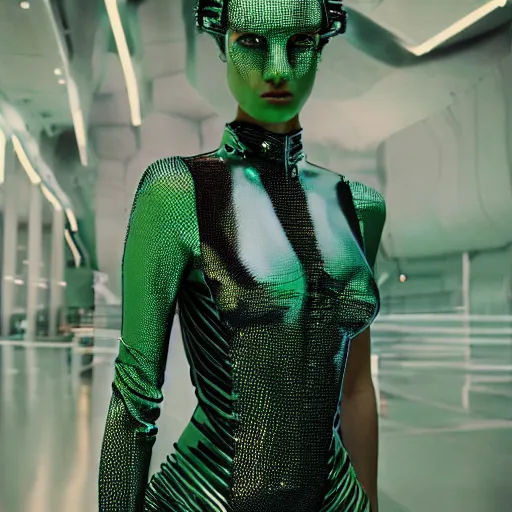 Image similar to Fashion photography of a woman wearing a futuristic outfit inspired by Avatar (2009), artistic photography, cinematic lighting, insanely detailed, cinestill 800t, Vogue magazine