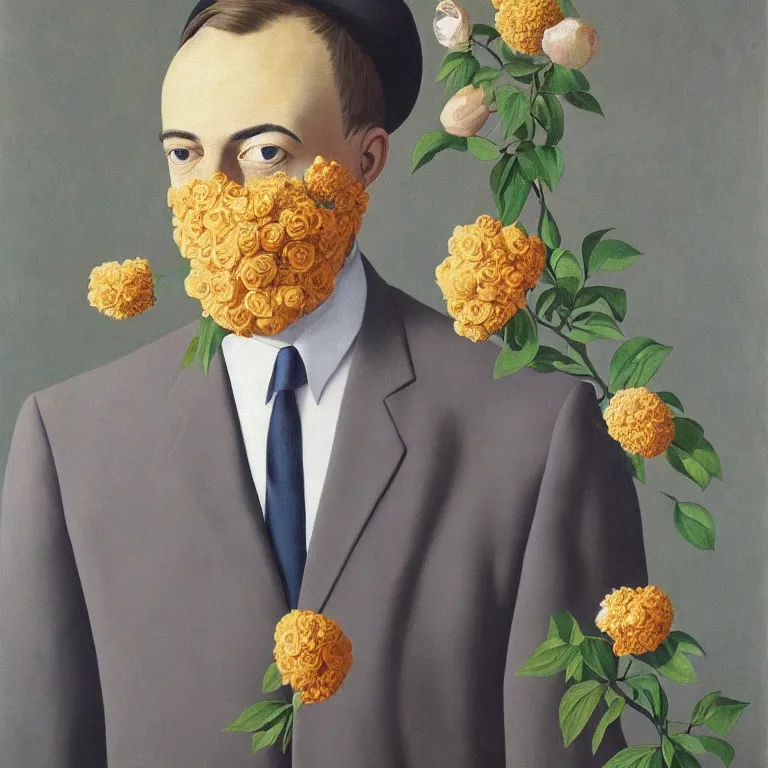 Prompt: portrait of man in a suit with flowers hiding his face by rene magritte, detailed painting, hd, hq, high resolution, high detail, 4 k, 8 k