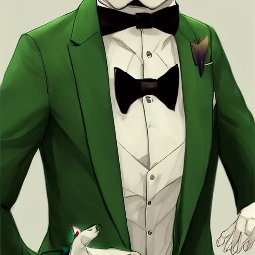 Image similar to a half human half otter creature wearing a green tuxedo suitCharacter design by charlie bowater, ross tran, artgerm, and makoto shinkai, detailed, inked, western comic book art, 2021 award winning painting,digital art,ultra realistic,ultra detailed,art by greg rutkowski,hyperdetailed,photorealistic