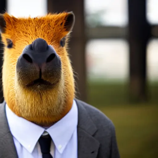 Image similar to capybara head, a man wearing a suit capybara head