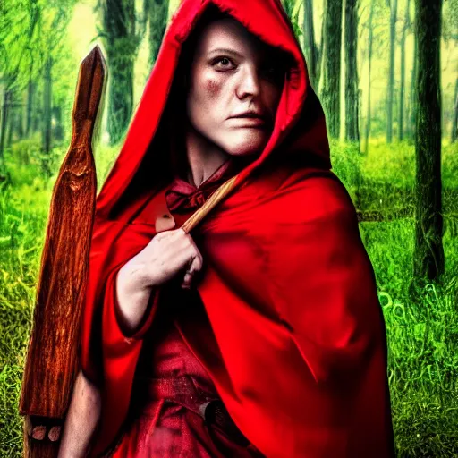 Image similar to full body photo red riding hood warrior, highly detailed, 4k, HDR, award-winning photo