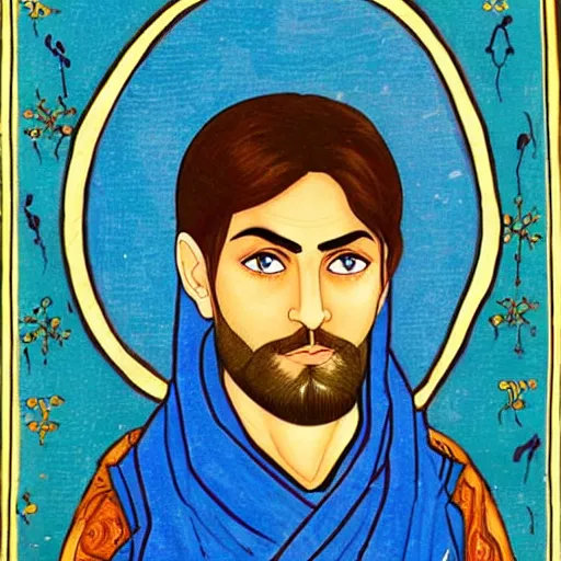 Image similar to portrait of paul atreides, pensive, bright blue eyes, in the style of persian miniature paintings.