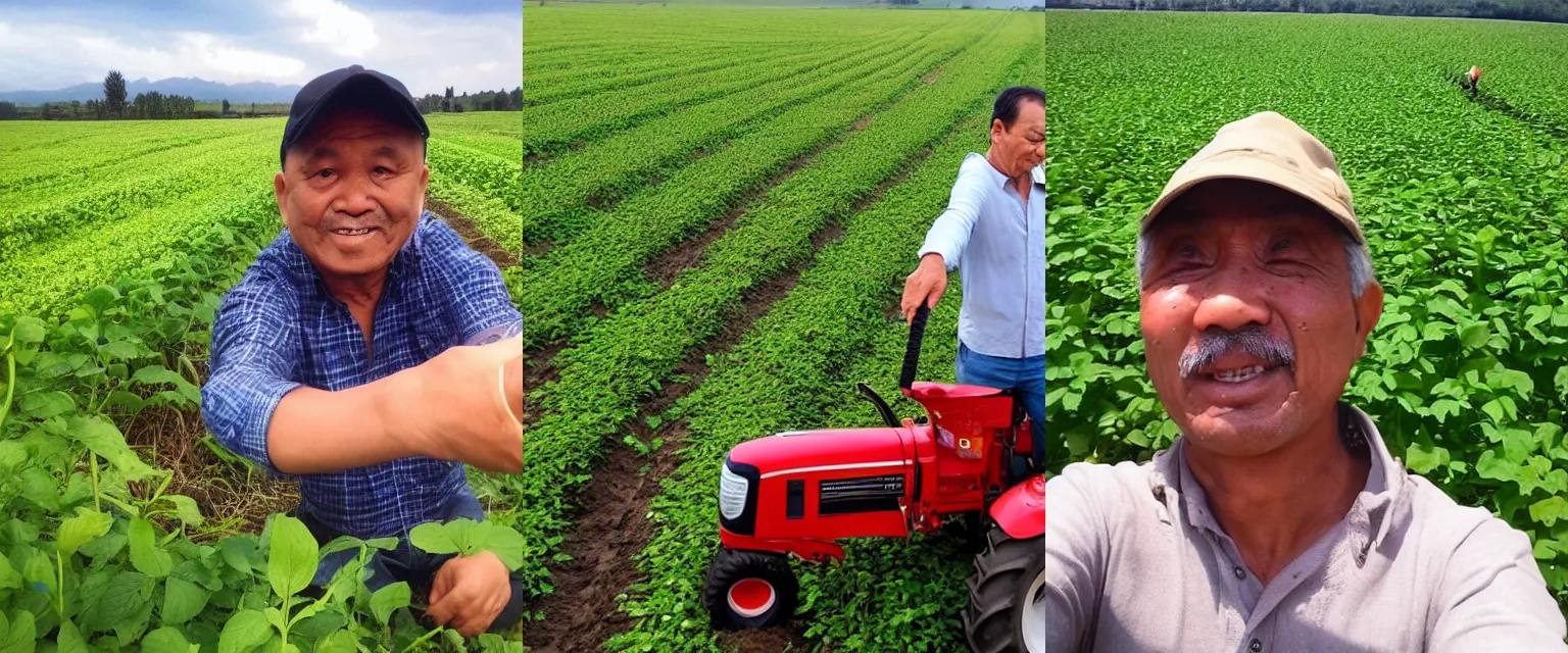 Prompt: My belarusan uncle accidentally taking a selfie in a potato field with a tractor