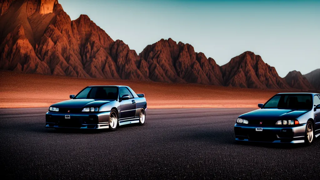 Image similar to three quarter front photo of a stock dark grey nissan r 3 2 skyline gtr on a road in a desert with a mountain in the background in the early morning, car photography, zoom lens, blue hour, photorealistic