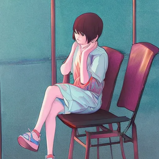 Prompt: biblically accurate angel sitting in a chair at a cafe, digital art, detailed, colourful by Makoto Shinkai