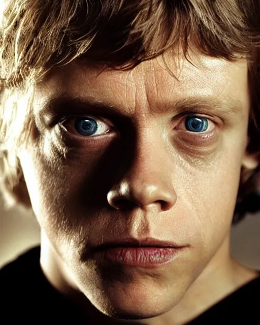 Image similar to very low angle high quality hyper realistic portrait of young mark hamill portraying luke skywalker, dark dramatic lighting, portrait realistic and insanely detailed, great composition, 8 k