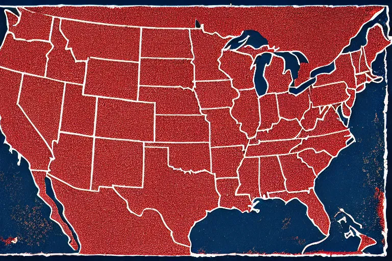 Image similar to map of united states torn in two burning,linocut, moody, Karolis Strautniekas, Mads Berg, stippled light, dramatic lighting,editorial illustration, detailed,fine texture, matte print,dynamic composition,dark blue+dark red+dark +beige+white+black