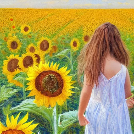 Image similar to a girl in amazing tall sunflower field, her hair flowing down, subtle, intricate details, real masterpiece, oil on canvas, by somsak anong