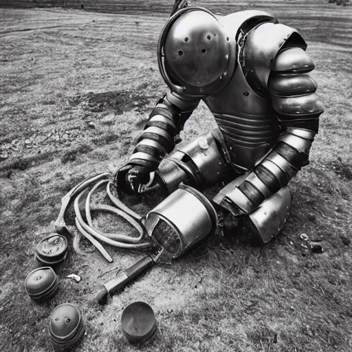 Image similar to wide angle photo of viking wearing space suit helmet and viking armor working on the antigravity gun ancient device, tools and junk on the ground,wires and lights, old village in the distance, vintage old photo, black and white, sepia