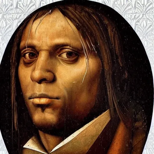 Image similar to a renaissance portrait painting of chief keef by giovanni bellini painting on a building in downtown chicago