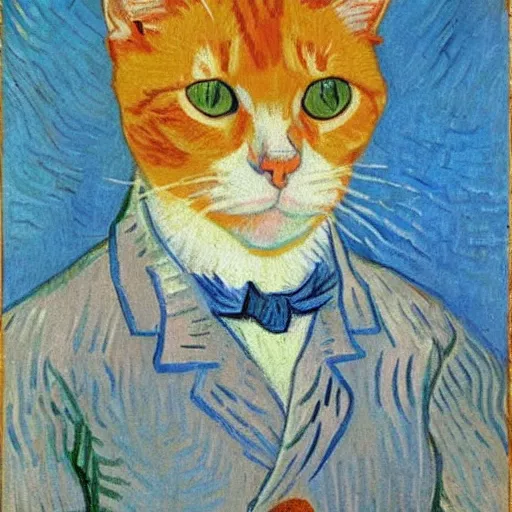 Prompt: a portrait of a ginger orange cat with it's whole head visible, wearing a light blue suit, by Vincent Van Gogh