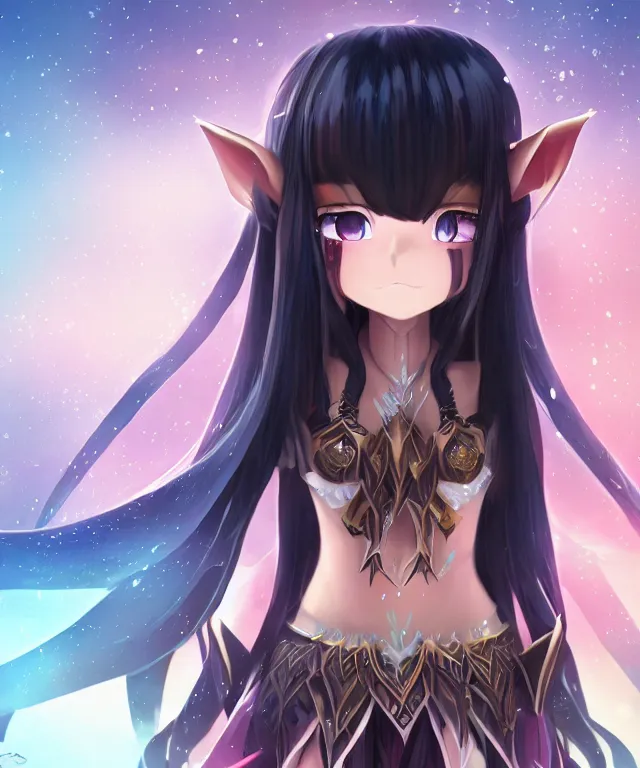 Image similar to adorable young cute anime elf girl, long black hair, fantasy armor. symmetrical face. symmetrical detailed defined eyes. beautiful lineart. bokeh pixiv # 1 ranking depth focus, chromatic aberration, noise, soft lighting, srgb, 4 k, cinematic