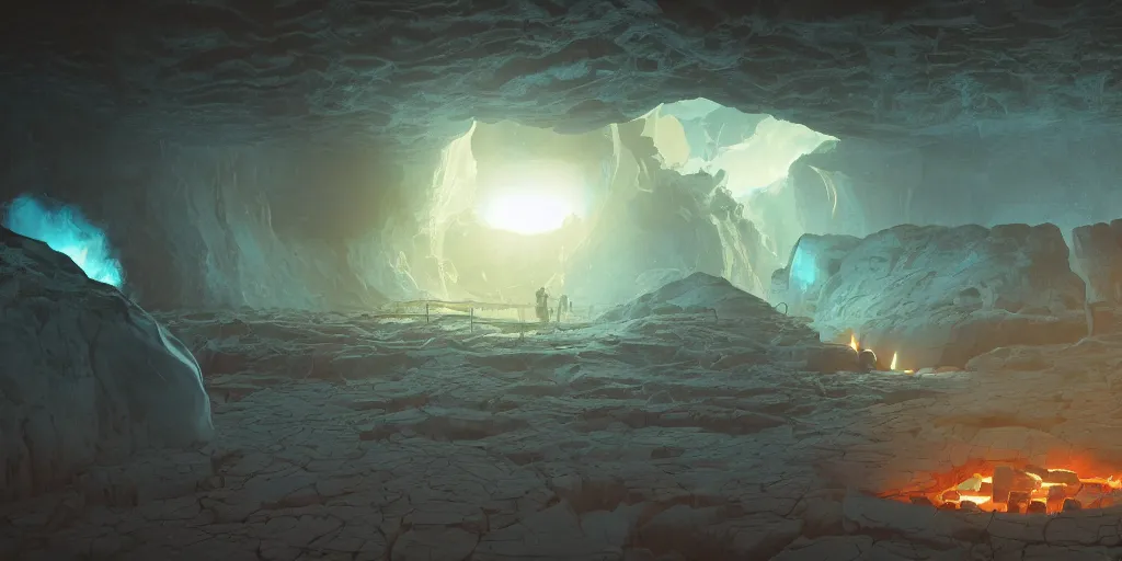 Image similar to Artwork by Beeple of the cinematic view of the Deadly Cave of Spirits, Infernal, Writings.