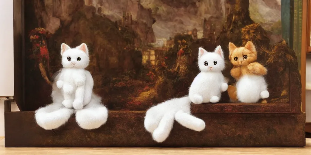 Prompt: 3 d precious moments plush cat, sitting in a castle, realistic fur, stuffed animal, master painter and art style of john william waterhouse and caspar david friedrich and philipp otto runge