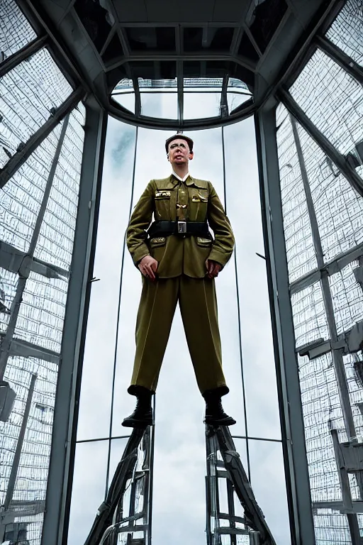 Image similar to kodak portra 5 0 mm f 4 full body portrait photography of a wwii airborne infantry soldier who's a mix of gillian anderson and adam driver, looking exhausted, setting is inside a sci fi megastructure tower looking out a window, photo by erwin olaf