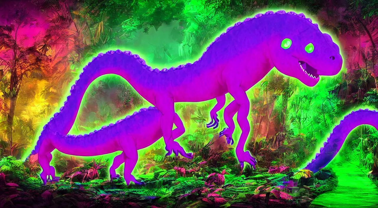 Image similar to spectral purple neon dinosaur, spectral neon pink dinosaur, spectral yellow neon dinosaur, green jungle background, detailed, ultrawide landscape