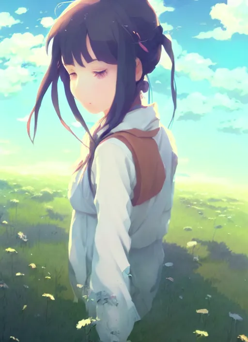 Image similar to portrait of cute girl, cloudy sky background lush landscape illustration concept art anime key visual trending pixiv fanbox by wlop and greg rutkowski and makoto shinkai and studio ghibli