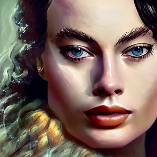 Image similar to margot robbie as a beautiful greek god, highly detailed, detailed face, digital art, trending on artstation