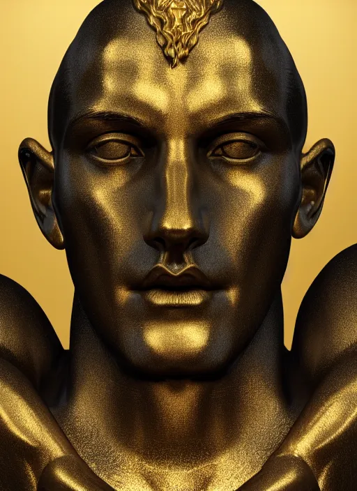 Image similar to stylized gold and black statue made of marble of hercules, perfect symmetrical body, perfect symmetrical face, hyper realistic, hyper detailed, by johannen voss, by michelangelo, octane render, blender, 8 k