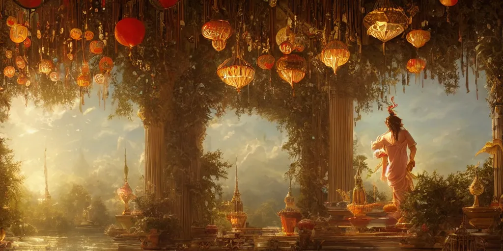 Image similar to painting of a god of wind enjoying his ornate heavenly palace, decorated with windchimes and paper lanterns, stunning nature in background, cinematic, 8 k, hyper detailed, art by greg rutkowski