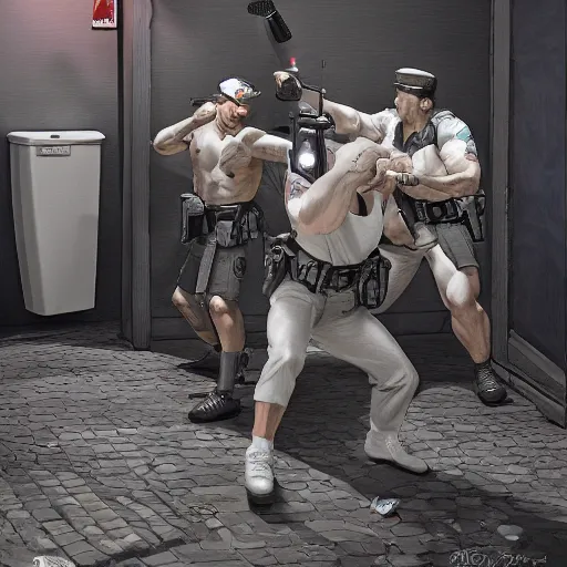 Prompt: toilet paper police, toilet police as ken street fighter, ultra realistic, concept art, intricate details, highly detailed, photorealistic, octane render, 8 k, unreal engine, art by frank frazetta, simon bisley, brom